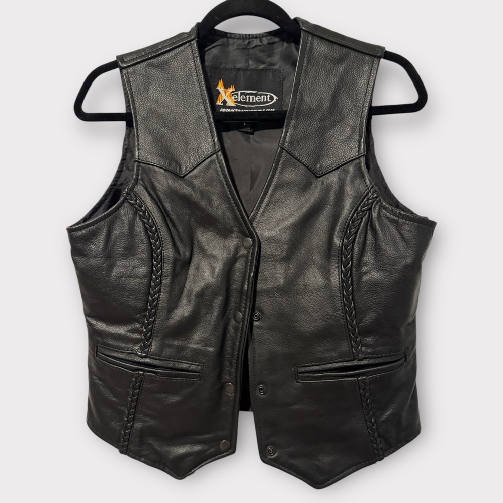 XElement Black Leather Vest with Braided Accents Womens Motorcycle Gear, Large